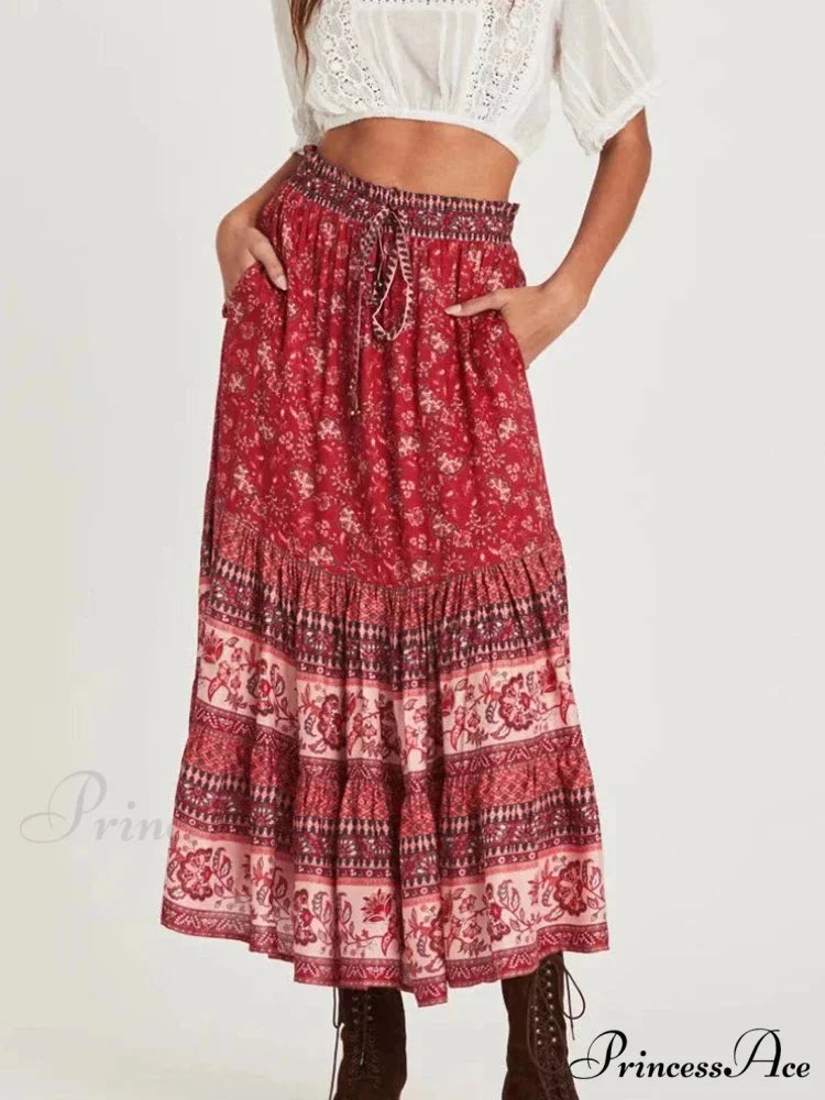 Retro Elegant Hippie Floral Peacock Printed High Waist Rayon A-Line Midi Boho Skirt Red / S skirt-250126