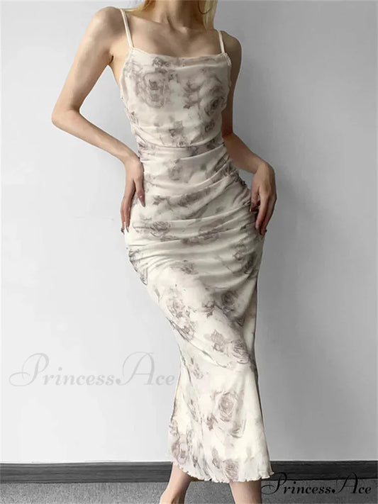Retro Floral Print for Women Sleeveless Strap V-neck Ruched Split Summer Party Female Vestidos