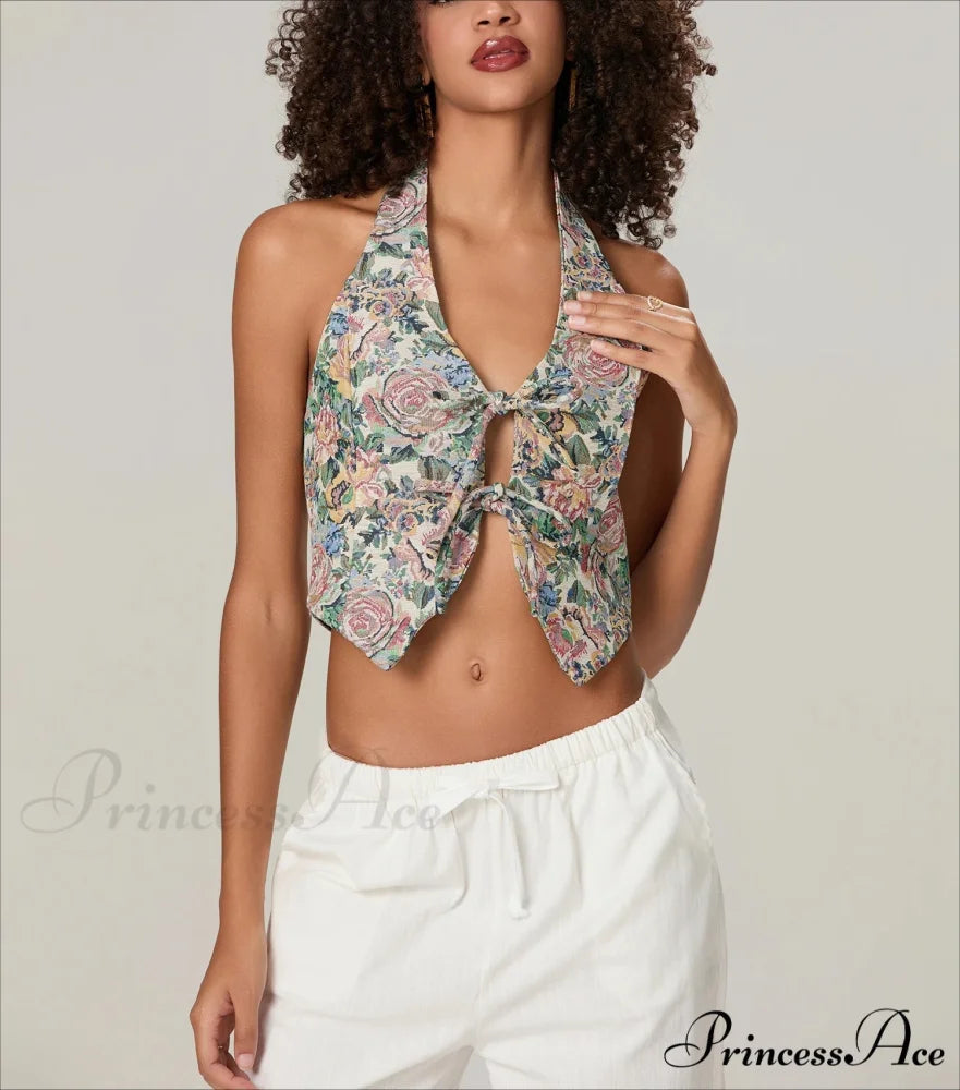 Retro Flower Halterneck Bow Tied Front Deep V Crop Top croptop-250126
