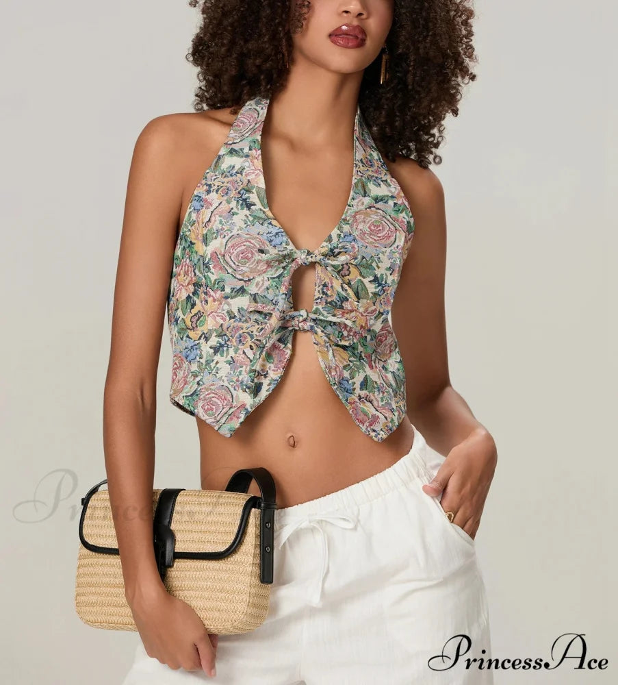 Retro Flower Halterneck Bow Tied Front Deep V Crop Top croptop-250126