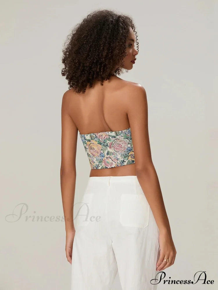Retro Flower Halterneck Bow Tied Front Deep V Crop Top croptop-250126