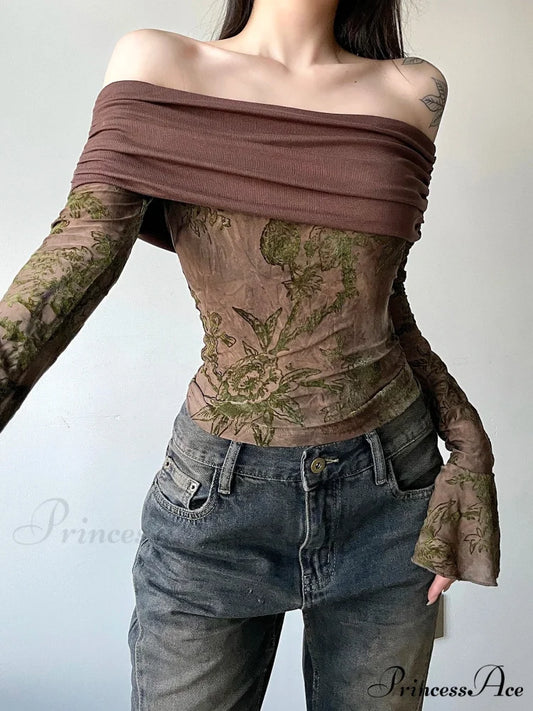 Retro Flower Patchwork Sleek Slash Neck Flare Sleeve Extended Sleeve Knit Top Brown / S knittop-250126