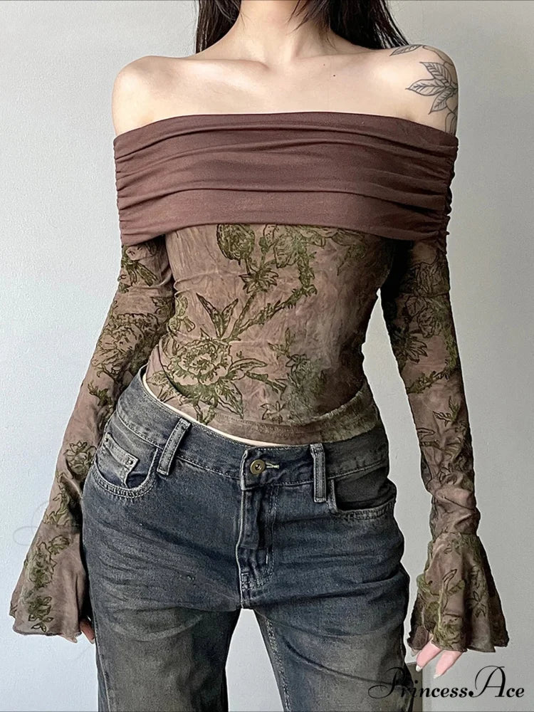 Retro Flower Patchwork Sleek Slash Neck Flare Sleeve Extended Sleeve Knit Top knittop-250126