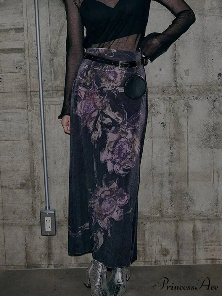 Retro Flower Pattern Aesthetic High Rise Skirt PURPLE / S skirt-250126