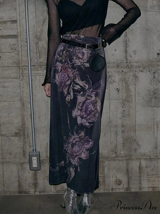 Retro Flower Pattern Aesthetic High Rise Skirt PURPLE / S skirt-250126