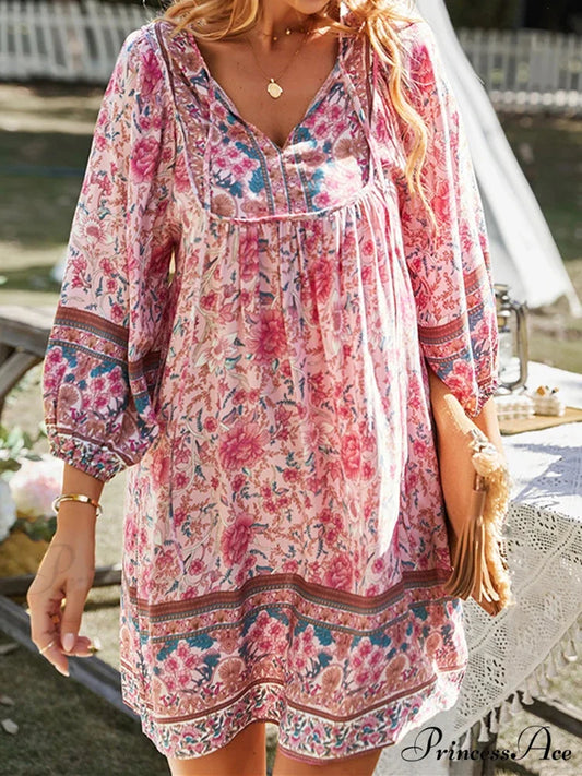 Retro Flower Pattern Bohemian Flare Dress Pink / S bohodress-250126
