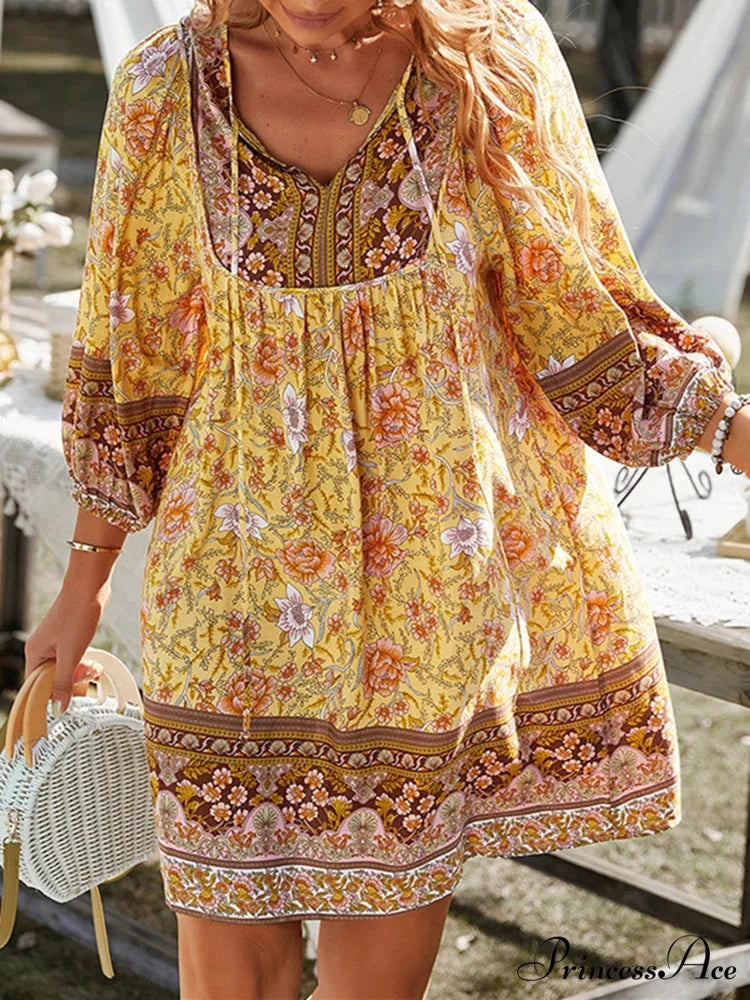 Retro Flower Pattern Bohemian Flare Dress Yellow / S bohodress-250126