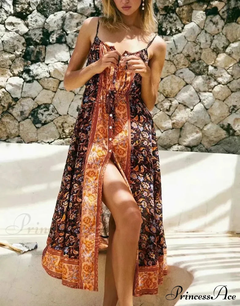 Retro Flower Pattern Bohemian Midi Dress Brown / S bohodress-250126