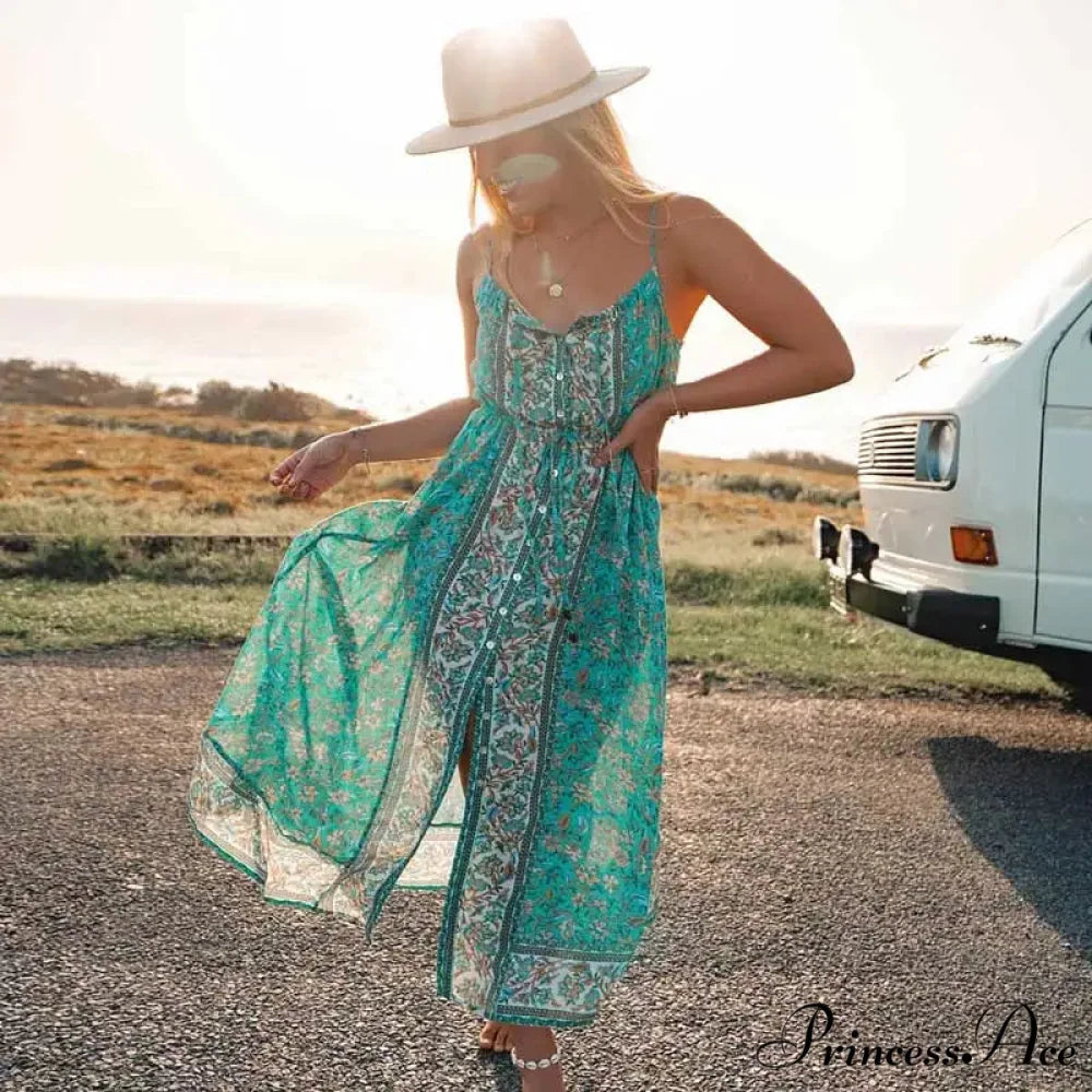 Retro Flower Pattern Bohemian Midi Dress Turquoise / S bohodress-250126