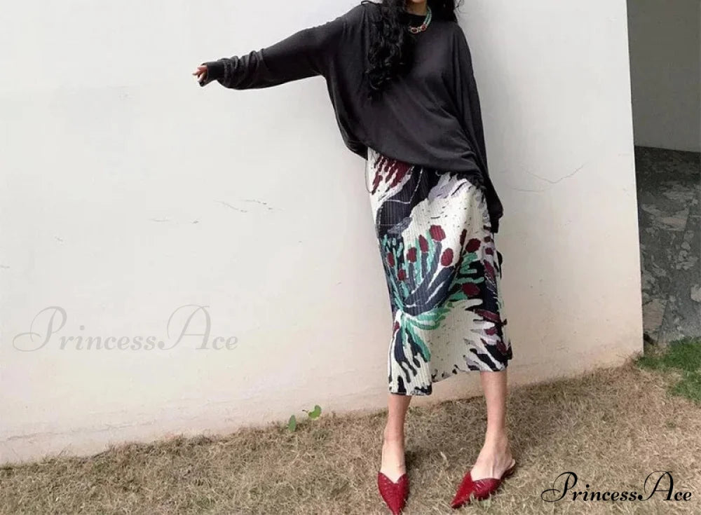 Retro Flower Pattern Folded Midi High Waist Slit A-Line Skirt skirt-250126