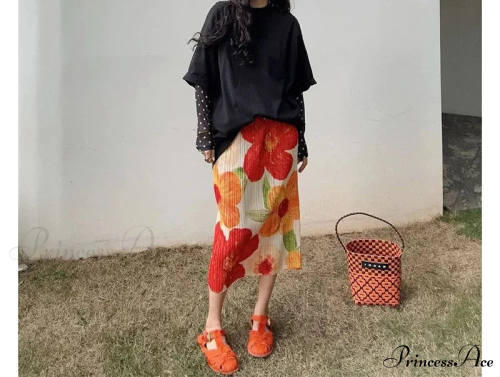 Retro Flower Pattern Folded Midi High Waist Slit A-Line Skirt skirt-250126