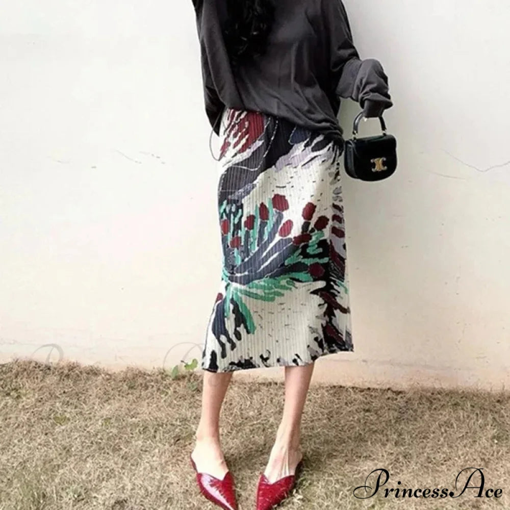 Retro Flower Pattern Folded Midi High Waist Slit A-Line Skirt Picture 1 / One Size skirt-250126