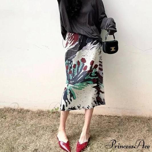 Retro Flower Pattern Folded Midi High Waist Slit A-Line Skirt Picture 1 / One Size skirt-250126