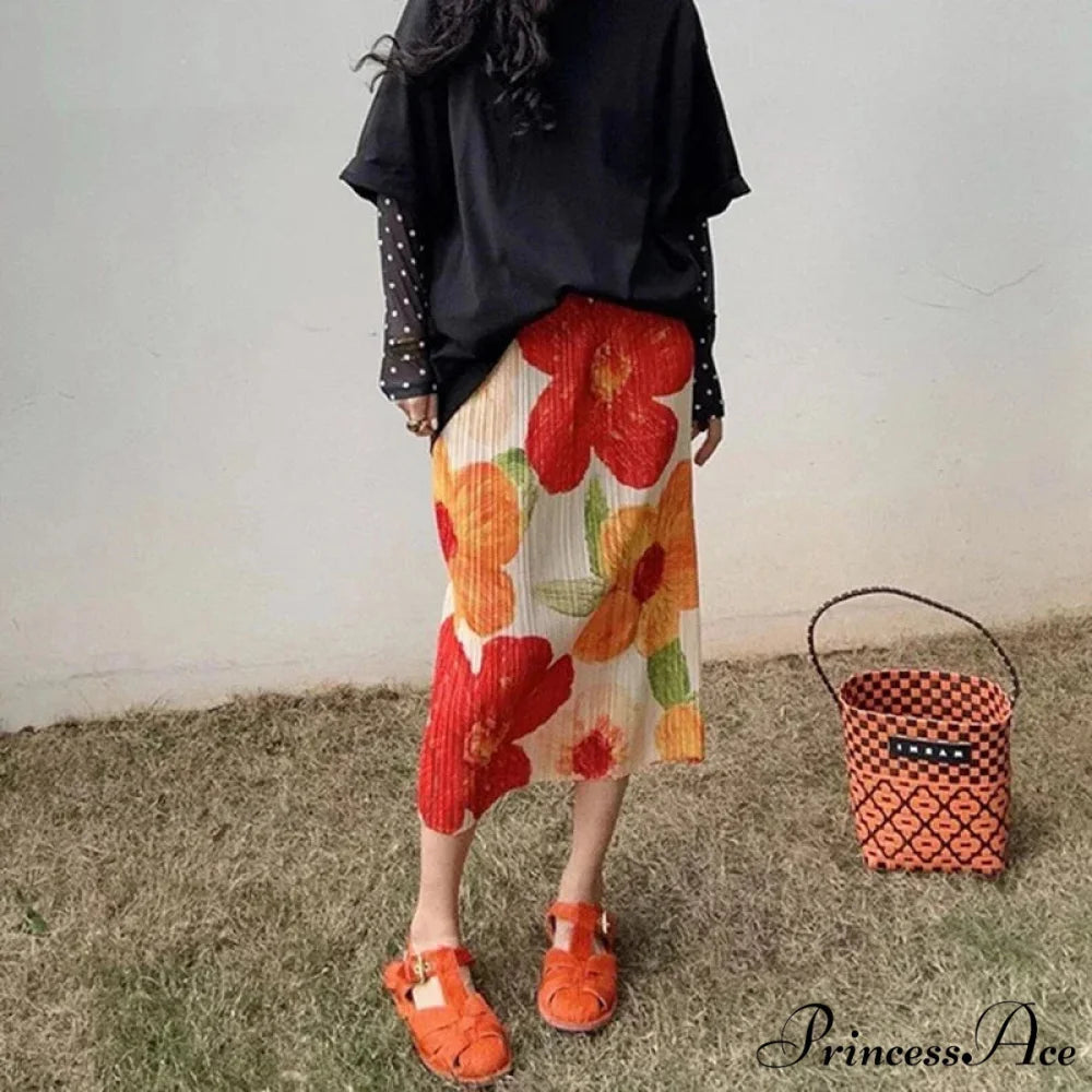 Retro Flower Pattern Folded Midi High Waist Slit A-Line Skirt Picture 2 / One Size skirt-250126