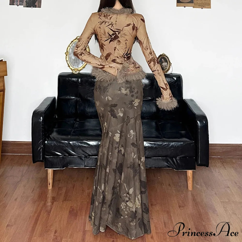 Retro Flower Pattern Long Skirt Edgy Fashion 2000s skirt-250126