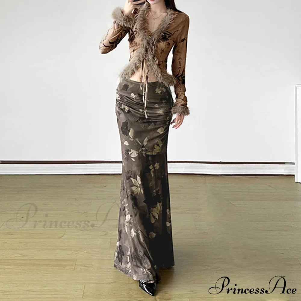 Retro Flower Pattern Long Skirt Edgy Fashion 2000s skirt-250126
