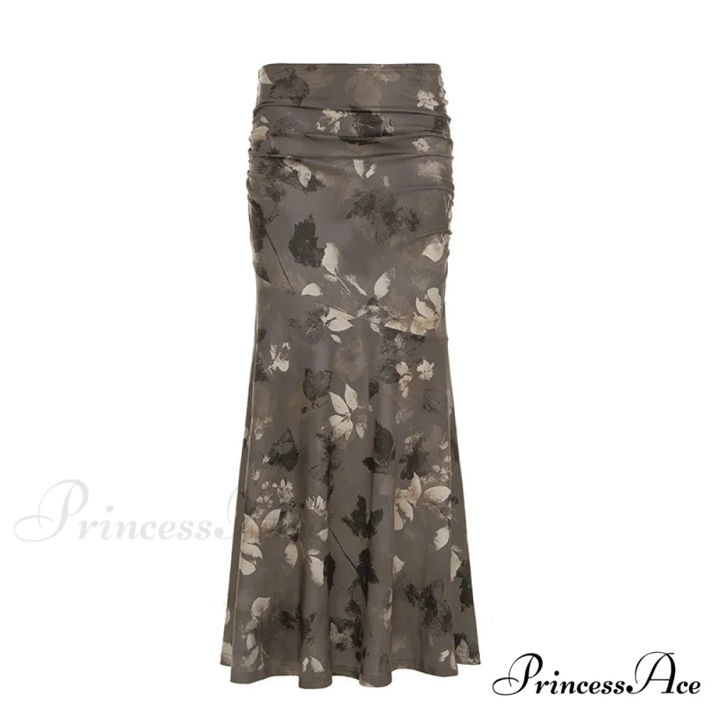 Retro Flower Pattern Long Skirt Edgy Fashion 2000s skirt-250126