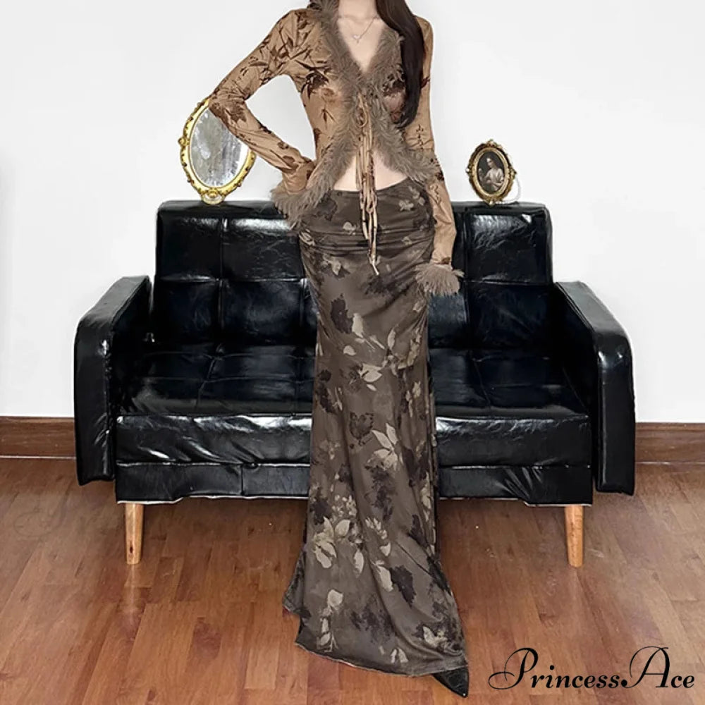 Retro Flower Pattern Long Skirt Edgy Fashion 2000s skirt-250126