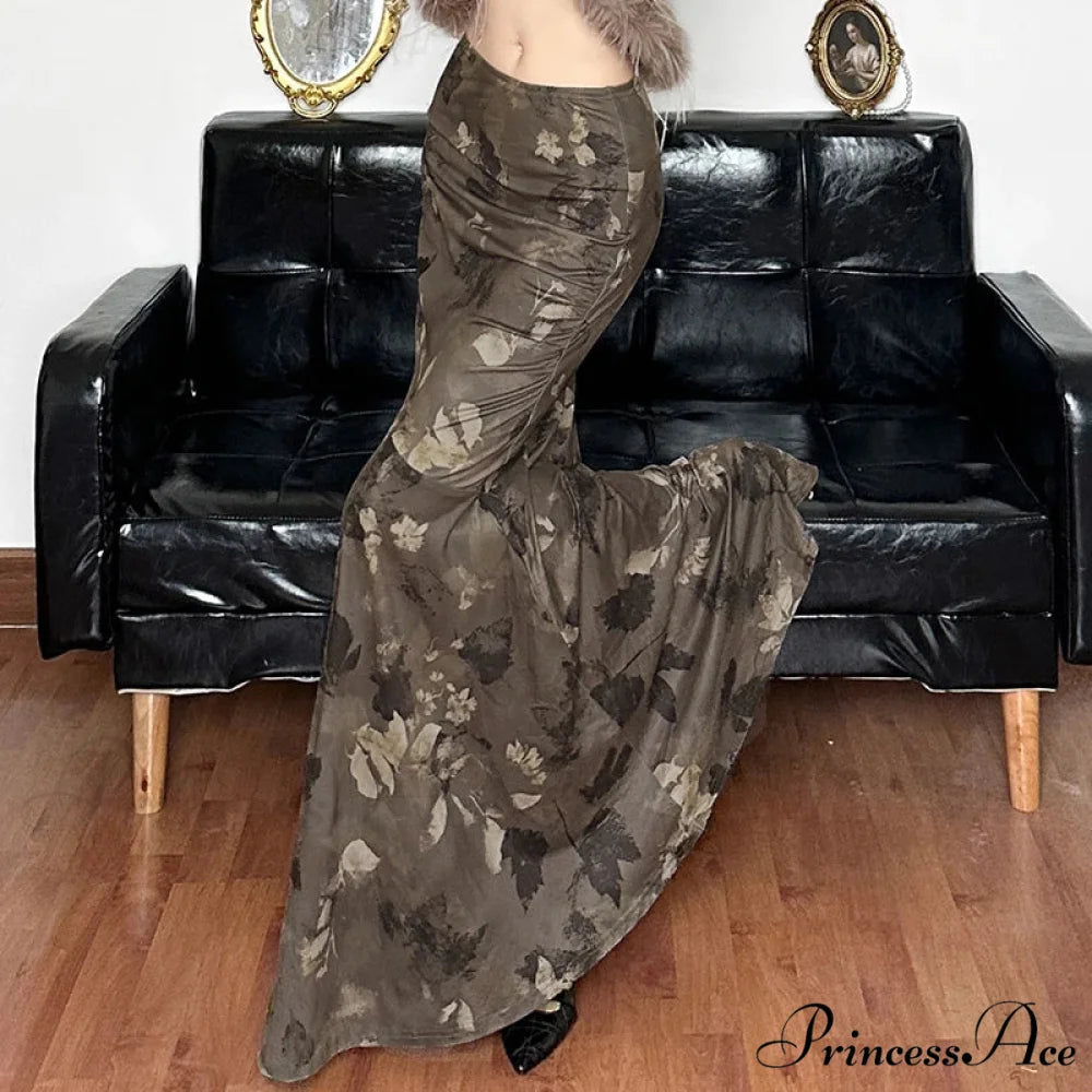 Retro Flower Pattern Long Skirt Edgy Fashion 2000s Brown / S skirt-250126