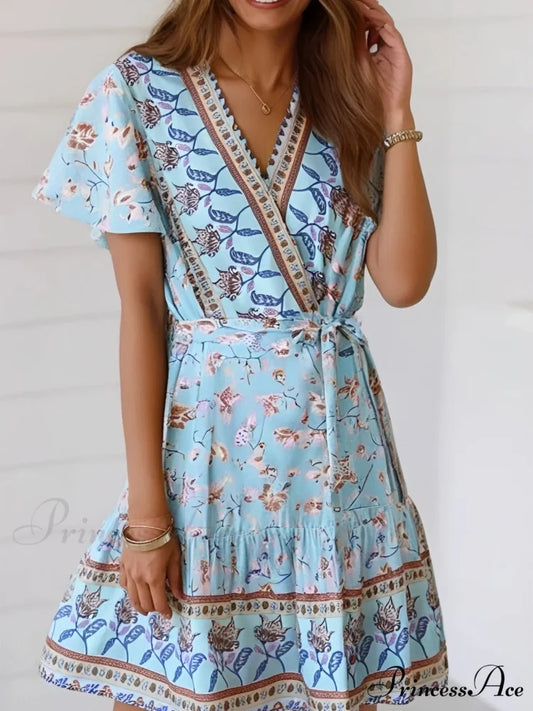 Retro Flower Pattern Short Sleeve V-neck Seductive Mini Boho Dress green / S bohodress-250126