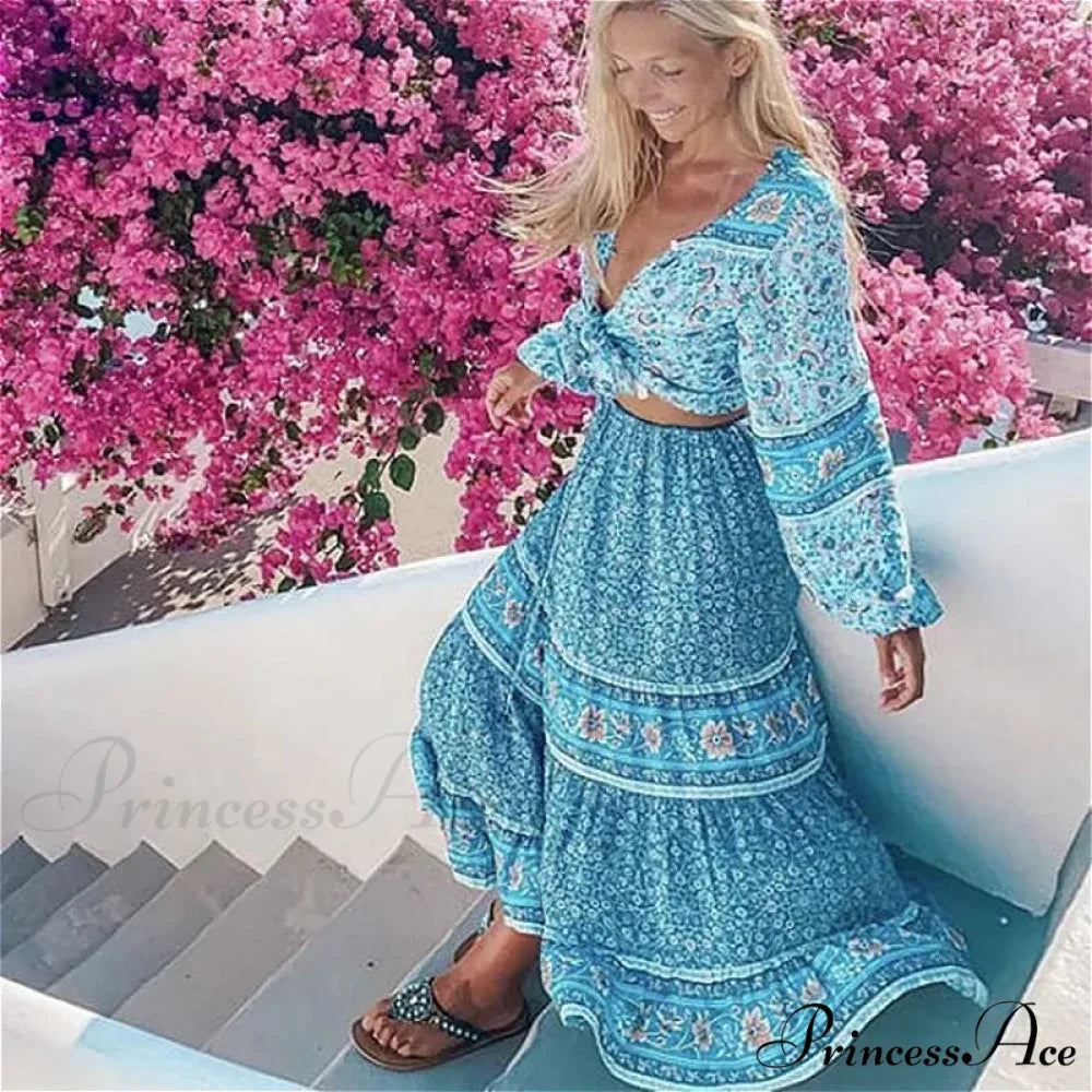 Retro Flowered Long Skirt Informal Shore Bohemian Rayon Stretchy Waist Fasten bohodress-250126