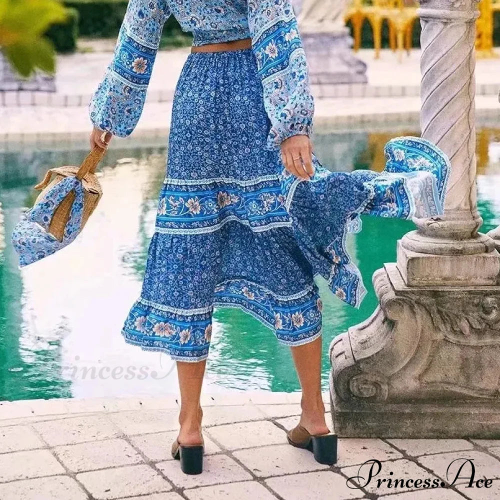 Retro Flowered Long Skirt Informal Shore Bohemian Rayon Stretchy Waist Fasten bohodress-250126