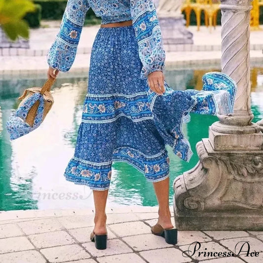 Retro Flowered Long Skirt Informal Shore Bohemian Rayon Stretchy Waist Fasten bohodress-250126