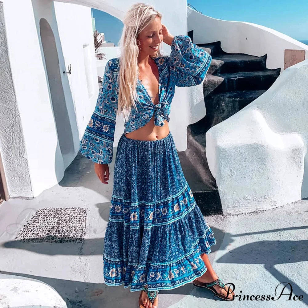 Retro Flowered Long Skirt Informal Shore Bohemian Rayon Stretchy Waist Fasten bohodress-250126