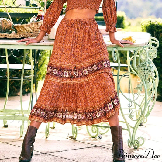 Retro Flowered Long Skirt Informal Shore Bohemian Rayon Stretchy Waist Fasten orange skirt / S bohodress-250126