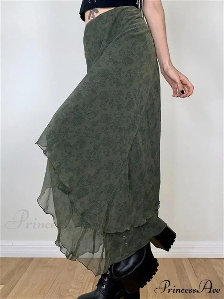 Retro Flowered Midi Skirt Elevated Waist Net Uneven skirt-250126