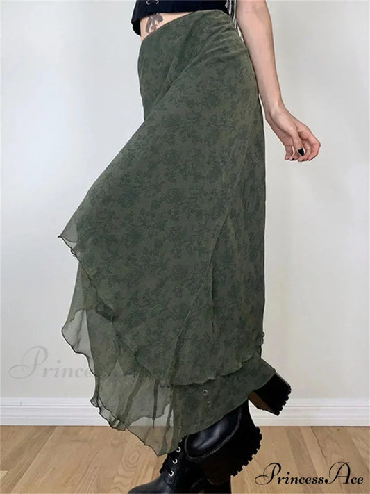 Retro Flowered Midi Skirt Elevated Waist Net Uneven skirt-250126