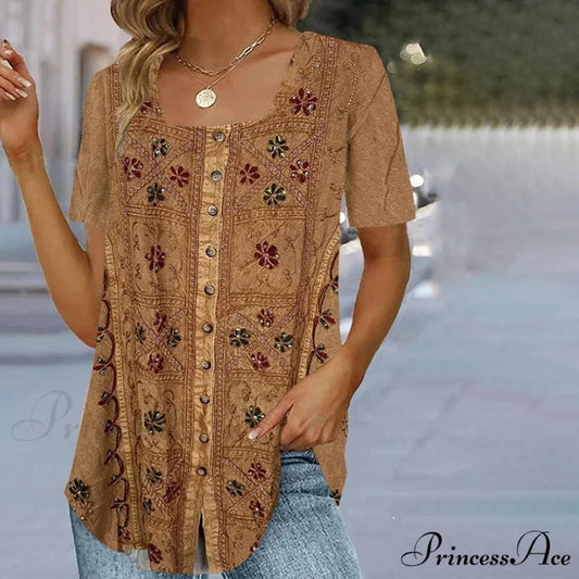 Retro Flowered Top Brown / S