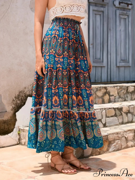 Retro Flowery Peacock Skirt Tall Stretchy Beach Bohemian A-line skirt-250126
