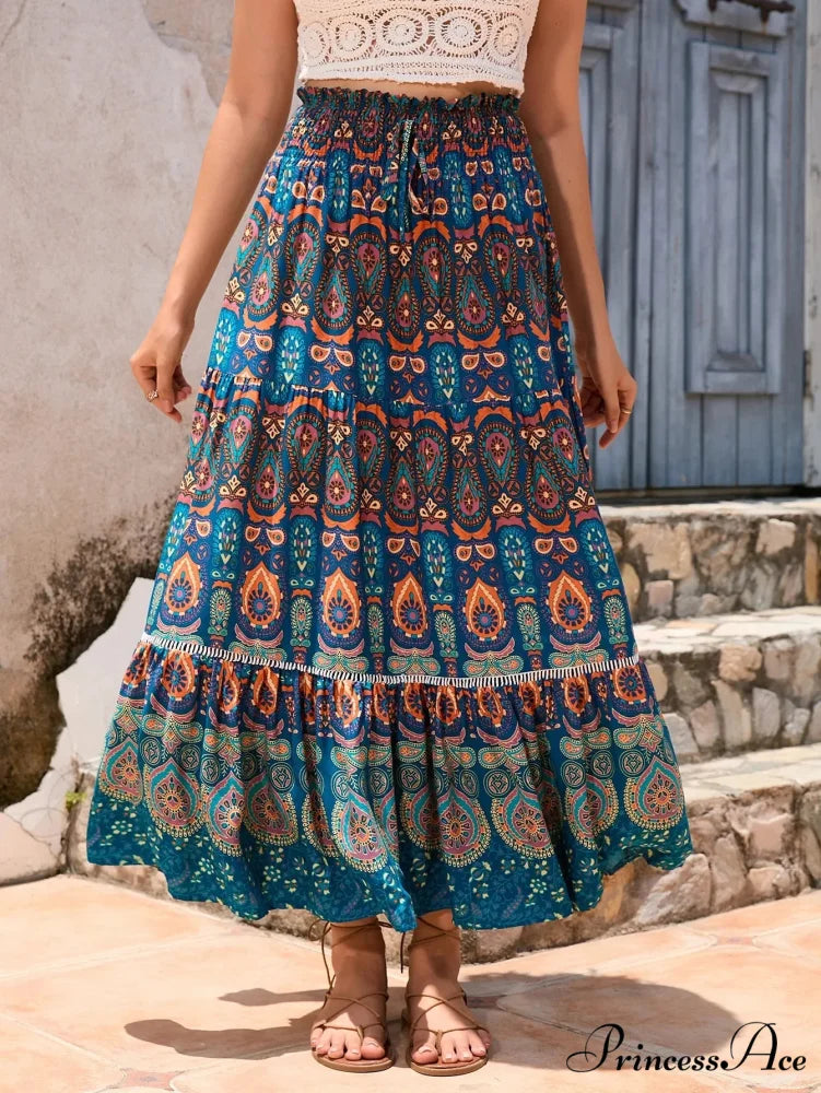 Retro Flowery Peacock Skirt Tall Stretchy Beach Bohemian A-line Malachite Blue / S skirt-250126