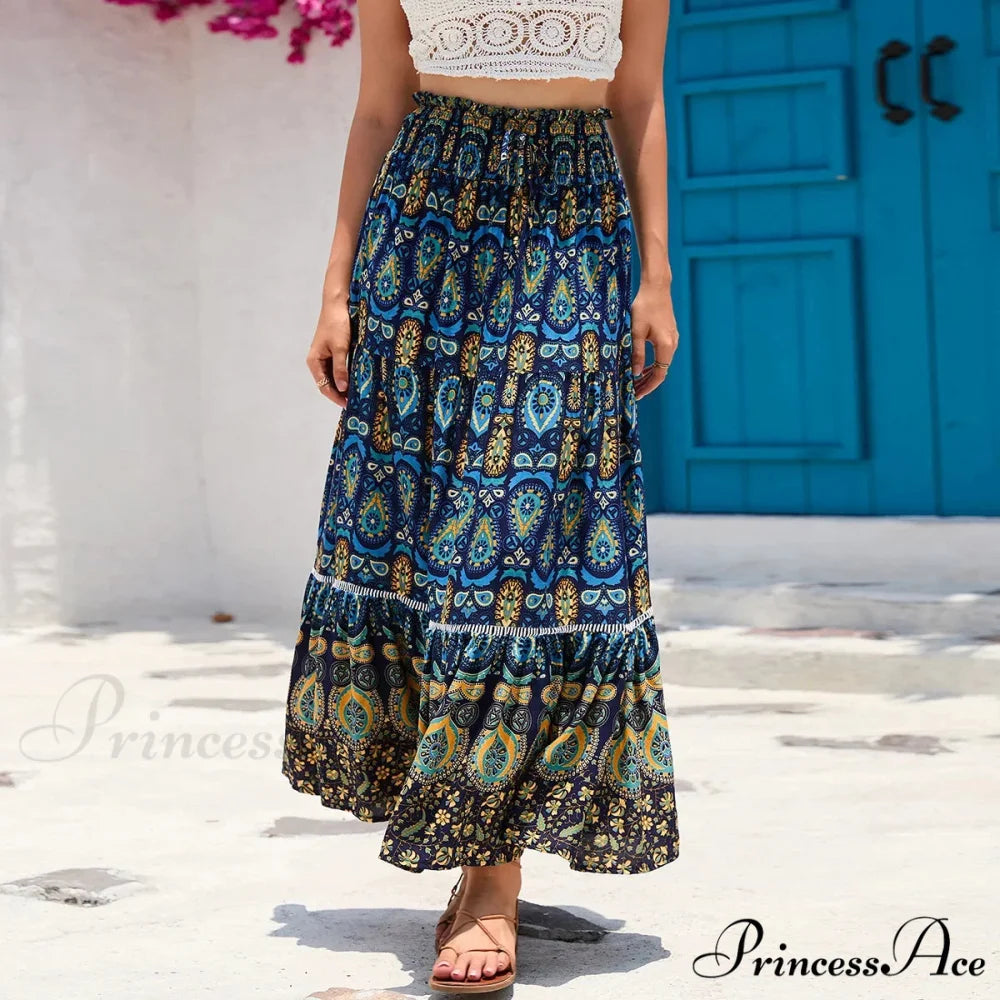 Retro Flowery Peacock Skirt Tall Stretchy Beach Bohemian A-line Navy blue / S skirt-250126
