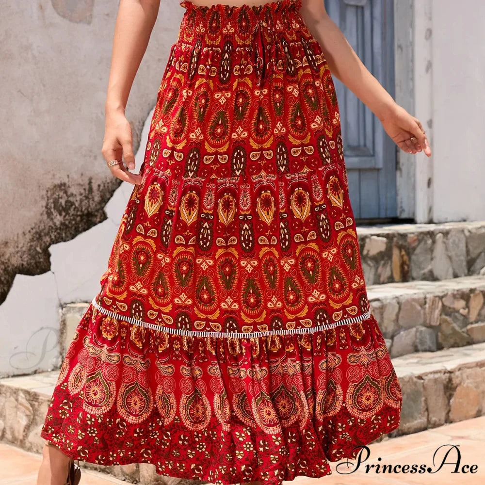 Retro Flowery Peacock Skirt Tall Stretchy Beach Bohemian A-line Red / S skirt-250126