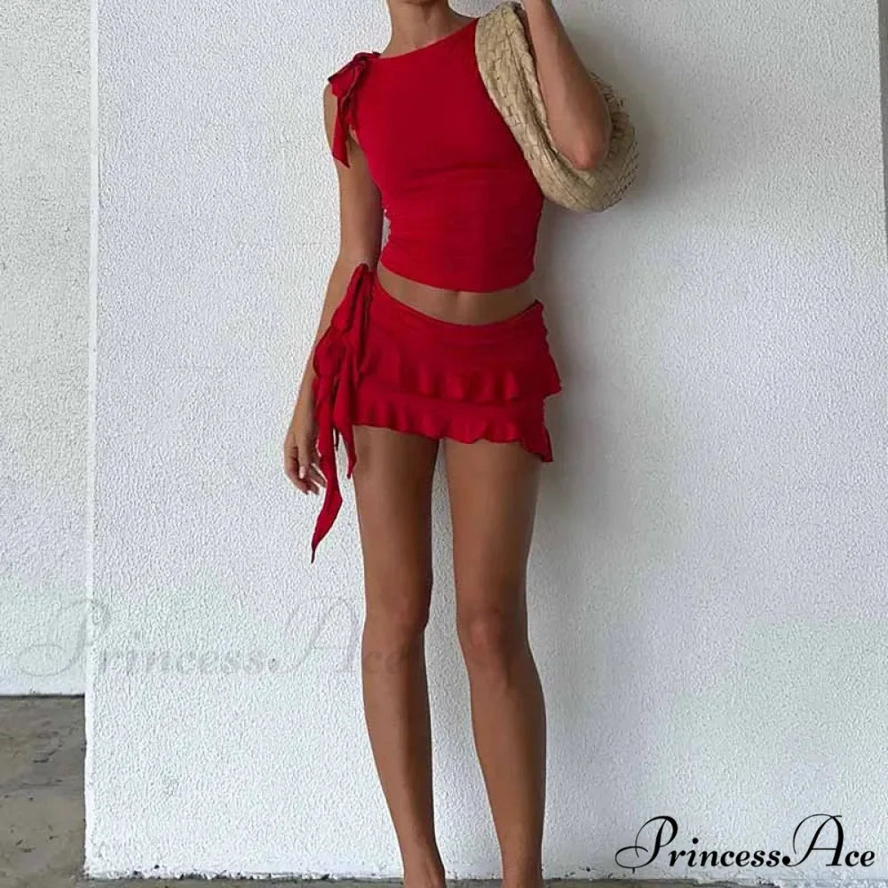 Retro Frilled Edge Tie Up Crop Top + Gathered Tiered Frills Mini Skirt Coquette 2 Piece Set Women Club Party Streetwear