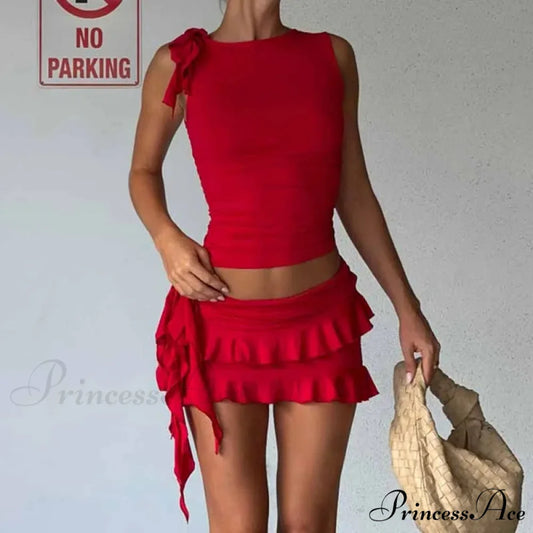 Retro Frilled Edge Tie Up Crop Top + Gathered Tiered Frills Mini Skirt Coquette 2 Piece Set Women Club Party Streetwear