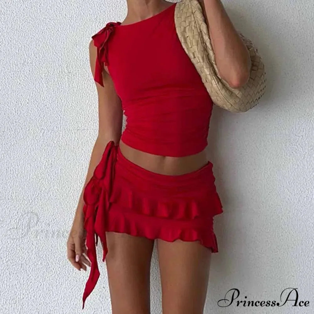Retro Frilled Edge Tie Up Crop Top + Gathered Tiered Frills Mini Skirt Coquette 2 Piece Set Women Club Party Streetwear