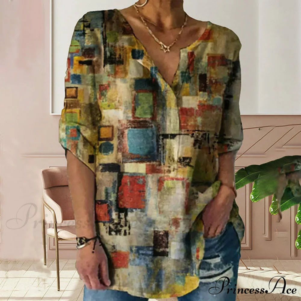 Retro Geometric Long Pattern Arm Top Multicolor / S