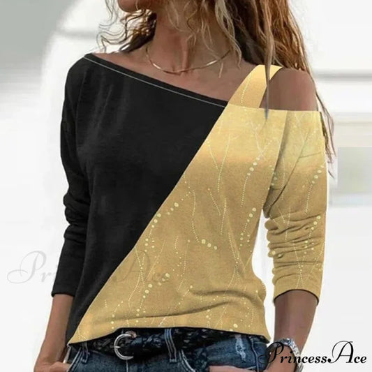 Retro Glitter Gold Contrast Casual Long Sleeve Straps Pullover 1 / S
