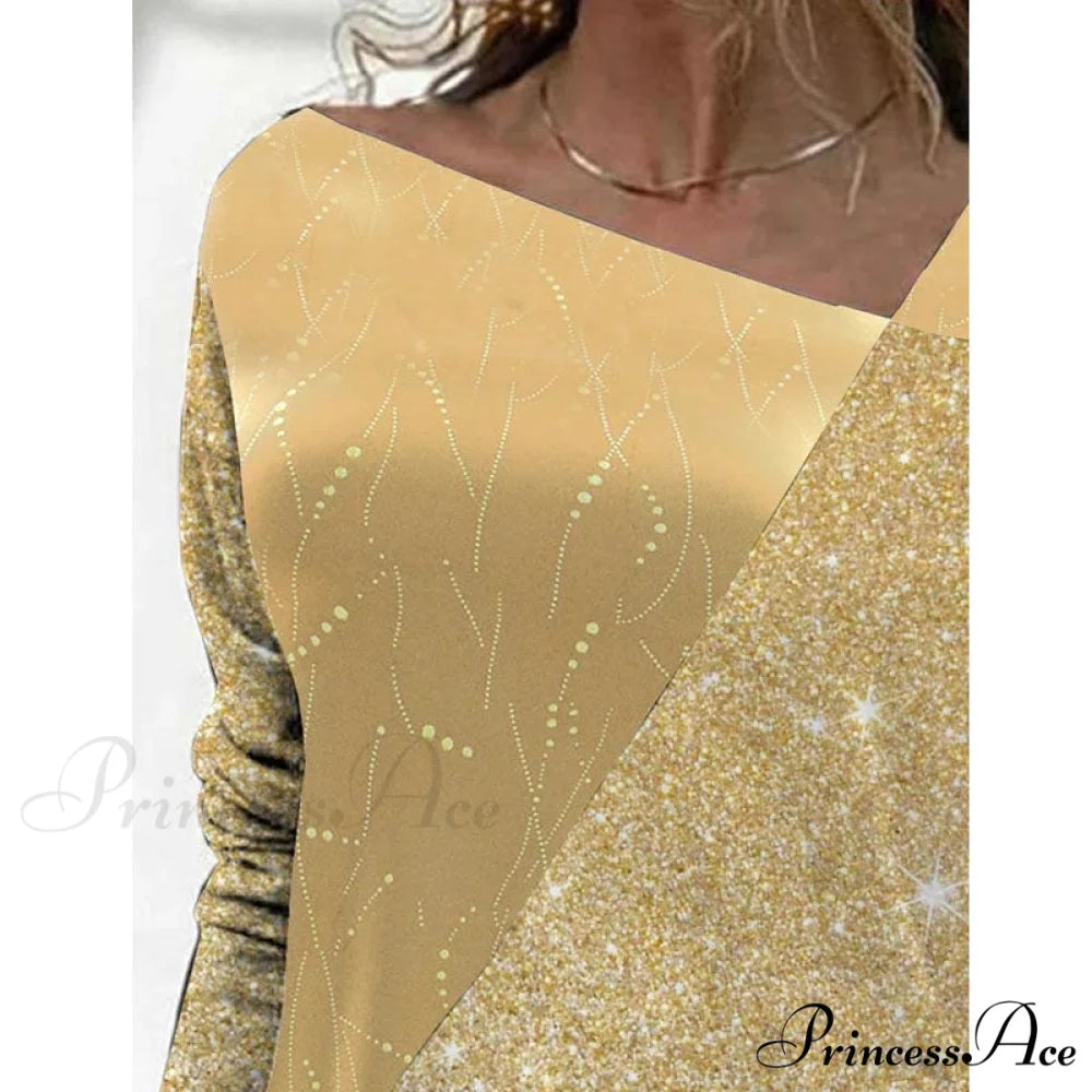 Retro Glitter Gold Contrast Casual Long Sleeve Straps Pullover
