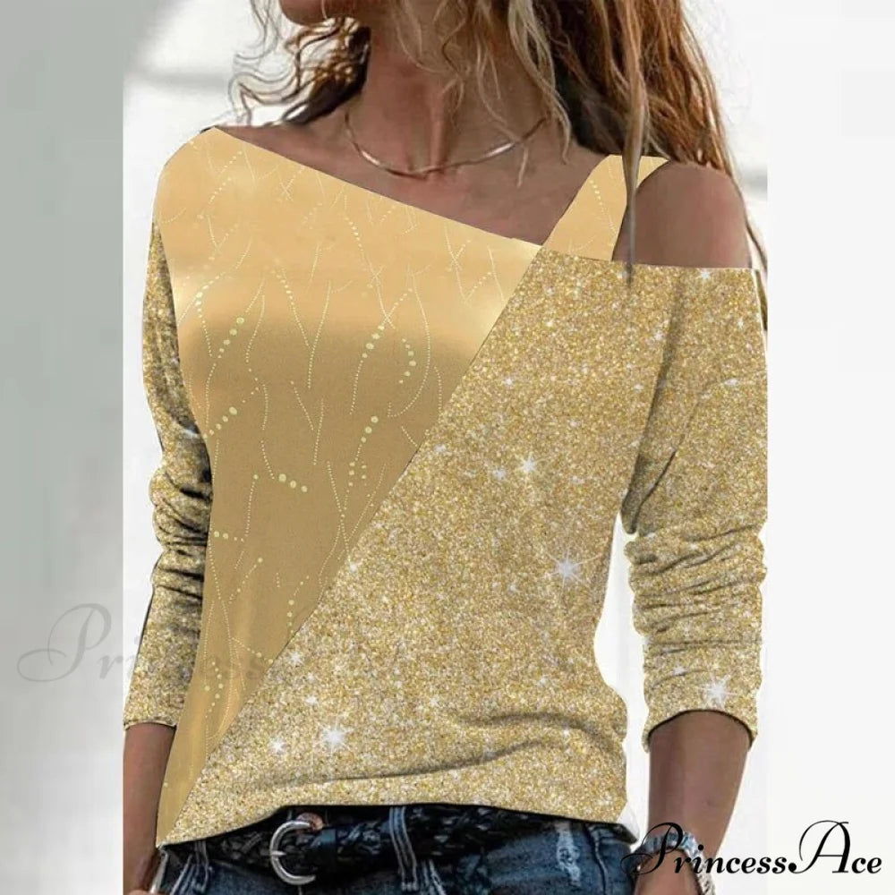 Retro Glitter Gold Contrast Casual Long Sleeve Straps Pullover 2 / S