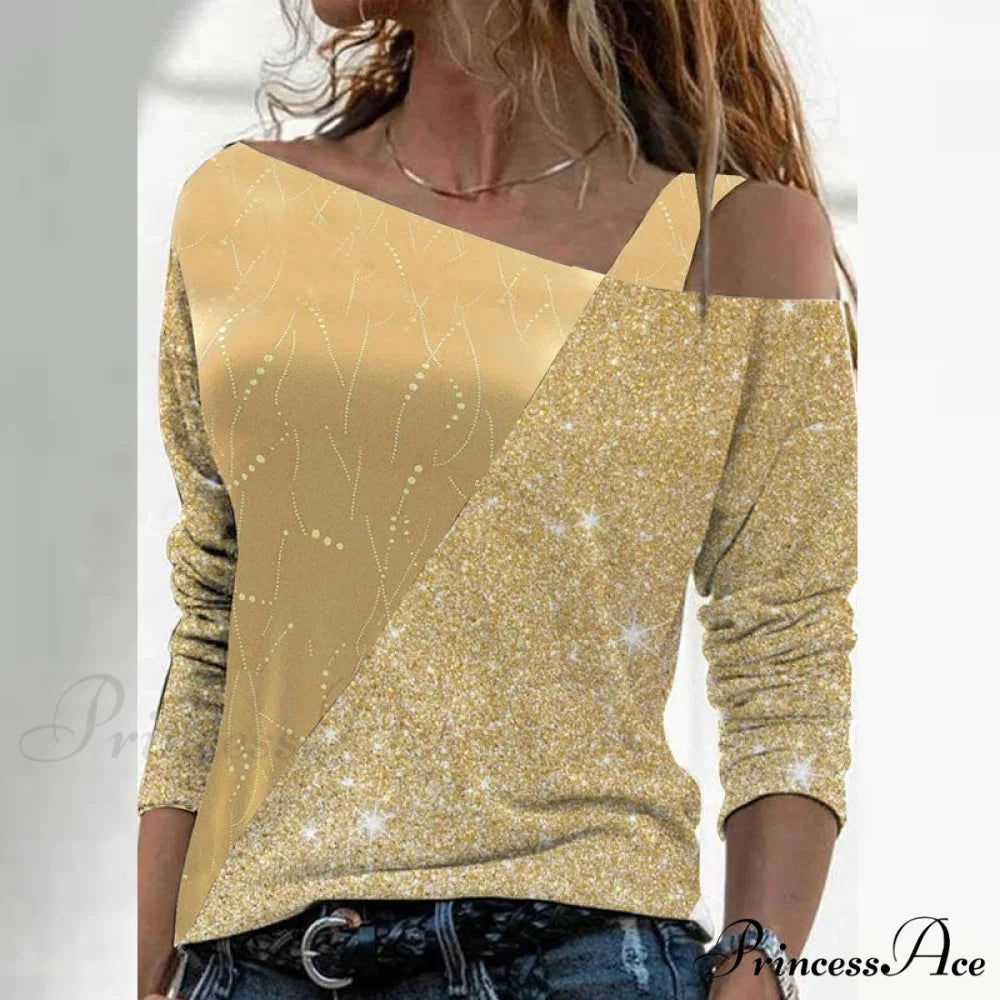 Retro Glitter Gold Contrast Casual Long Sleeve Straps Pullover