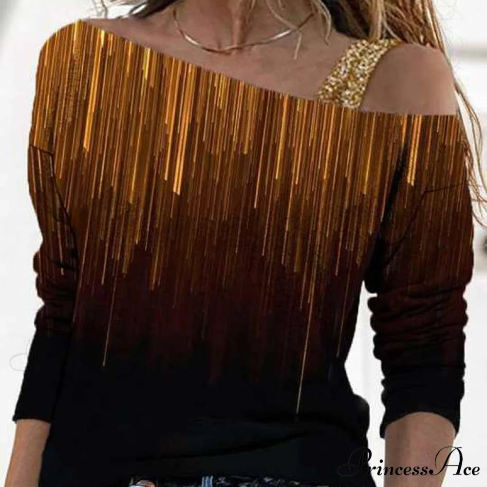 Retro Glitter Gold Contrast Casual Long Sleeve Straps Pullover