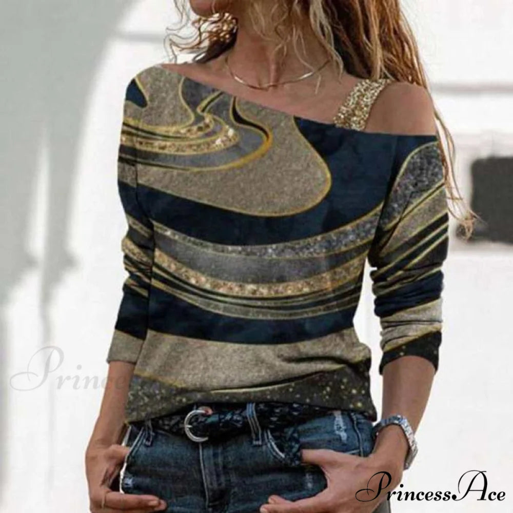Retro Glitter Gold Contrast Casual Long Sleeve Straps Pullover