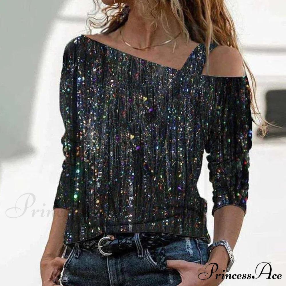 Retro Glitter Gold Contrast Casual Long Sleeve Straps Pullover