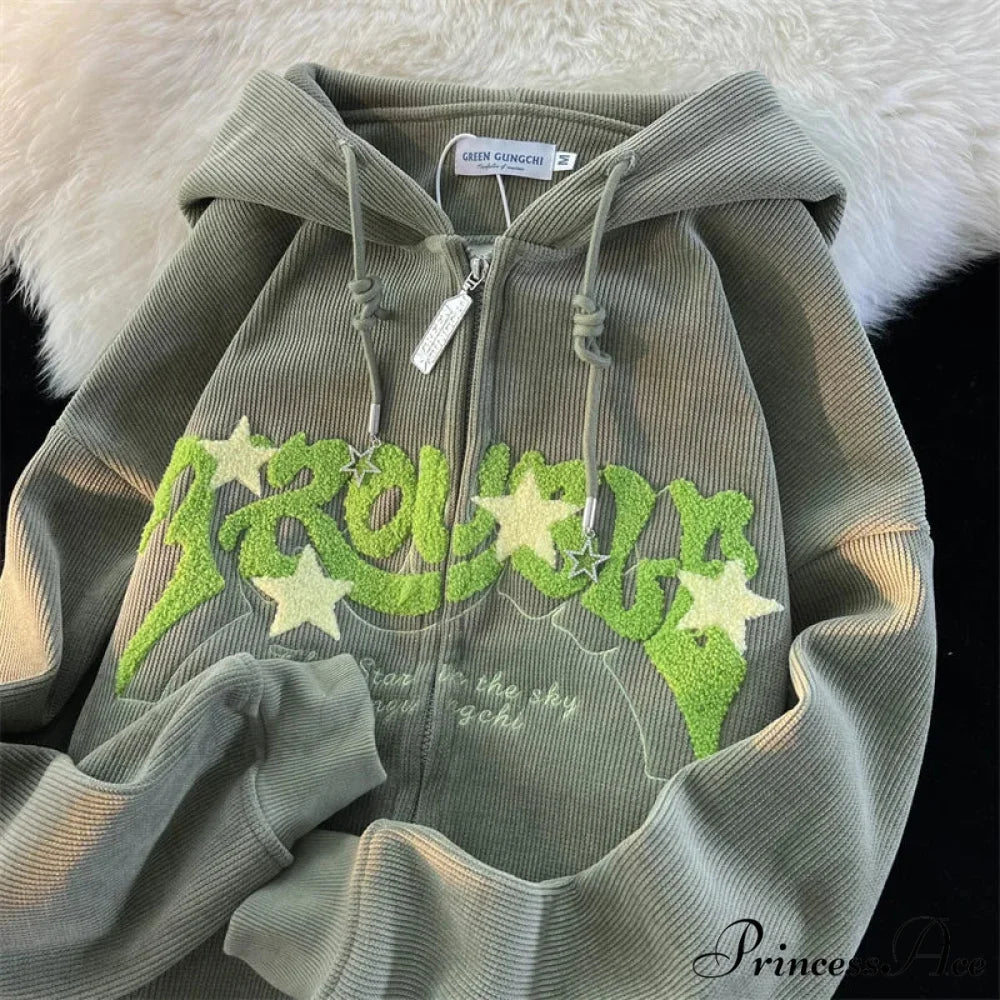 Retro Goth Corduroy Zip Up Hooded Jacket Green / M(40-50KG) hoodies-241228