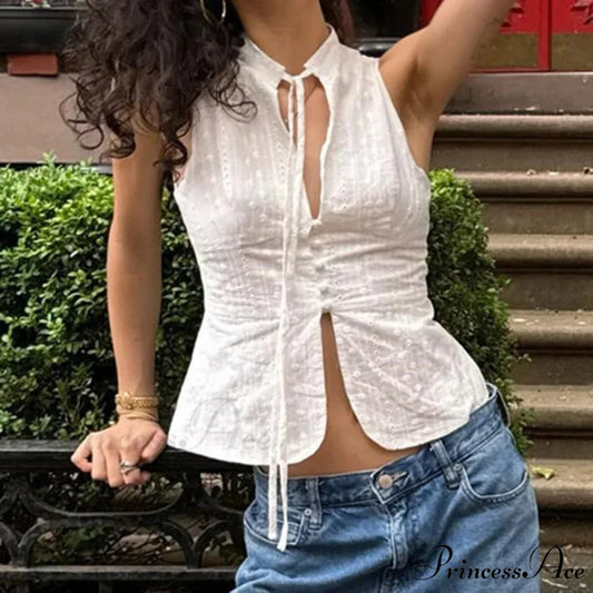 Retro Jacquard Fasten Up Neck Front Cutout Y2K Cottage Streetwear Crop Top WHITE / S croptop-250126