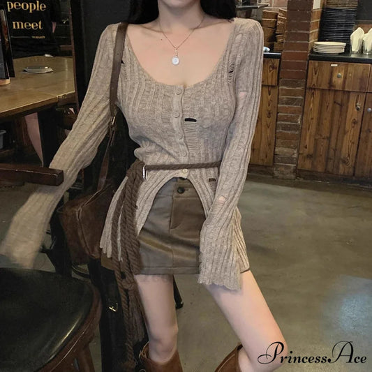 Retro Knitted Spring Long Sleeve Button Closure Slim Knit Top Khaki / One Size knittop-250126